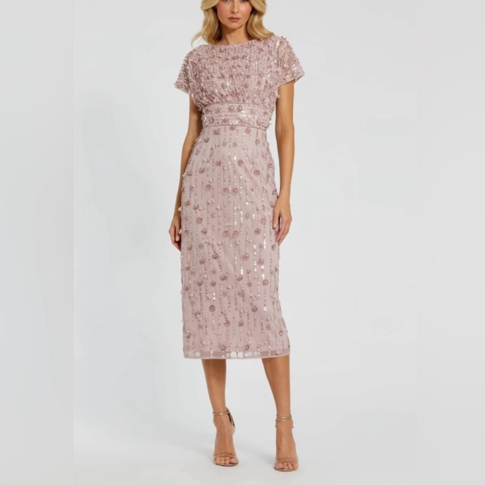 Mac Duggal 94117 Embellished Bateau Neck Short Sleeve Tea Length Dress